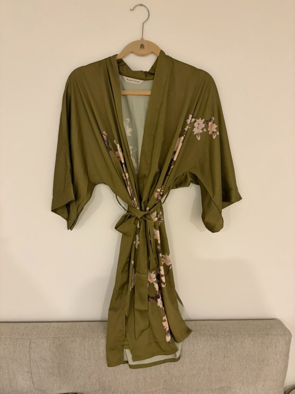 BABEYOND Olive Green Satin Floral Kimono Robe